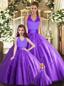 Spectacular Purple Tulle Lace Up Halter Top Sleeveless Floor Length Vestidos de Quinceanera Beading