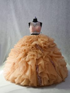 Most Popular Organza Scoop Sleeveless Brush Train Zipper Beading and Ruffles and Sequins 15 Quinceanera Dress in Champag