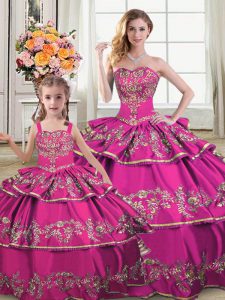 Fuchsia Ball Gowns Ruffled Layers Quinceanera Gown Lace Up Satin and Organza Sleeveless Floor Length