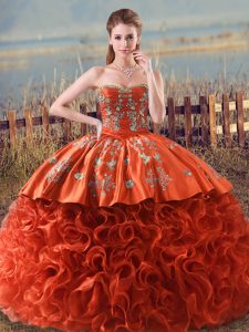 Sleeveless Floor Length Embroidery and Ruffles Lace Up Quinceanera Dress with Orange Red Brush Train