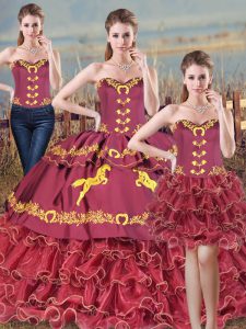 Fitting Burgundy Sleeveless Embroidery and Ruffles Lace Up 15th Birthday Dress