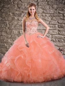 Sumptuous Peach Tulle Lace Up Sweetheart Sleeveless 15th Birthday Dress Brush Train Beading and Ruffles
