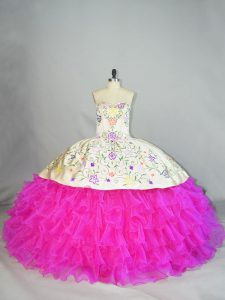 Fashion Lace Up Quinceanera Gowns Fuchsia for Sweet 16 and Quinceanera with Embroidery and Ruffled Layers