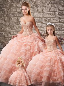 Peach Lace Up Sweetheart Beading and Ruffled Layers Ball Gown Prom Dress Organza Sleeveless Brush Train