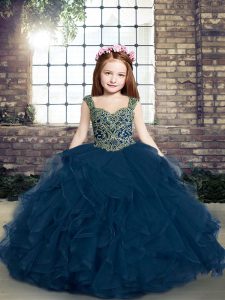Lace Up Little Girl Pageant Dress Blue for Party and Wedding Party with Beading and Ruffles