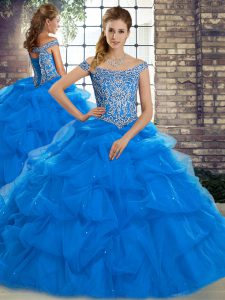 Blue Ball Gowns Beading and Pick Ups Sweet 16 Quinceanera Dress Lace Up Tulle Sleeveless