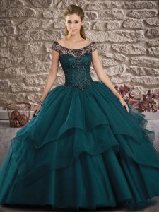 Exceptional Tulle Off The Shoulder Sleeveless Brush Train Lace Up Lace and Ruffled Layers Sweet 16 Dress in Peacock Gree