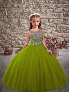Sleeveless Sweep Train Beading Lace Up Little Girl Pageant Gowns