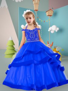 Custom Made Halter Top Sleeveless Kids Pageant Dress Floor Length Beading and Ruffled Layers Royal Blue Tulle