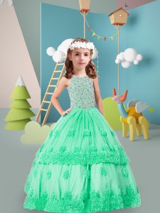 Turquoise Scoop Zipper Beading and Hand Made Flower Little Girls Pageant Dress Wholesale Sleeveless