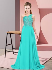 Floor Length Turquoise Evening Dress One Shoulder Sleeveless Side Zipper