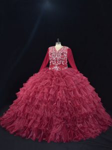 Superior Burgundy Ball Gowns Ruffled Layers Quinceanera Gown Lace Up Organza Long Sleeves Floor Length