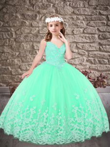 Apple Green Girls Pageant Dresses V-neck Sleeveless Sweep Train Lace Up