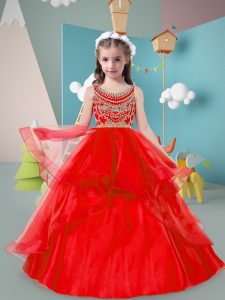 Elegant Scoop Sleeveless Little Girls Pageant Gowns Floor Length Beading and Ruffles Red Tulle