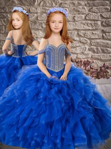 Royal Blue Lace Up Off The Shoulder Beading and Ruffles Pageant Dress for Womens Tulle Sleeveless