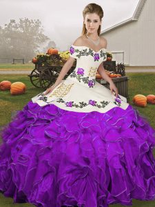 Sleeveless Organza Floor Length Lace Up Ball Gown Prom Dress in White And Purple with Embroidery and Ruffles