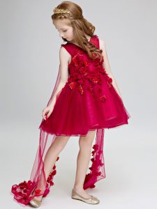 Elegant Sleeveless Hand Made Flower Lace Up Flower Girl Dresses with Wine Red Watteau Train