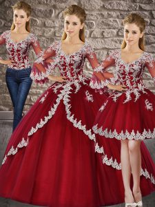 Glorious 3 4 Length Sleeve Floor Length Lace Lace Up Sweet 16 Dresses with Wine Red