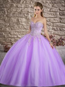 Floor Length Lace Up Quince Ball Gowns Lavender for Military Ball and Sweet 16 and Quinceanera with Appliques