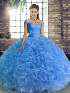 Inexpensive Off The Shoulder Sleeveless Quinceanera Dresses Floor Length Beading Baby Blue Fabric With Rolling Flowers