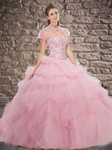 Baby Pink Tulle Lace Up Quinceanera Gowns Sleeveless Brush Train Beading and Pick Ups
