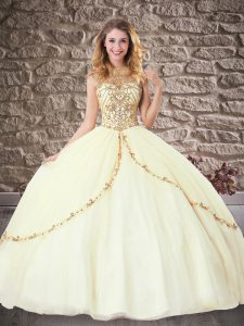 Glittering Light Yellow Sleeveless Tulle Backless Quinceanera Dress for Military Ball and Sweet 16 and Quinceanera