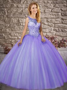 Sleeveless Beading Backless 15th Birthday Dress with Lavender Brush Train