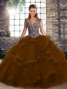 Floor Length Ball Gowns Sleeveless Brown Sweet 16 Dresses Lace Up