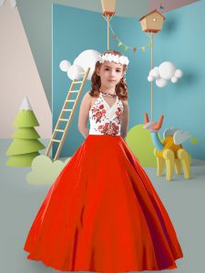 Attractive Rust Red Halter Top Neckline Embroidery Child Pageant Dress Sleeveless Zipper