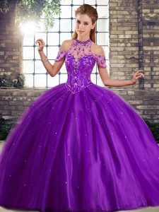 Halter Top Sleeveless Quince Ball Gowns Brush Train Beading Purple Tulle