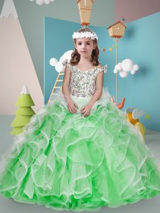 Green Tulle Zipper Off The Shoulder Sleeveless Floor Length Kids Pageant Dress Beading and Ruffles