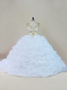 Lace Up 15 Quinceanera Dress White for Sweet 16 and Quinceanera with Beading and Pick Ups Brush Train