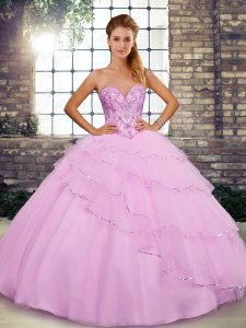 Designer Sleeveless Tulle Brush Train Lace Up Quinceanera Dress in Lilac with Beading and Ruffled Layers
