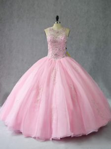 Suitable Floor Length Baby Pink Quinceanera Dress Scoop Sleeveless Lace Up