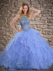 Lavender Ball Gowns Beading and Ruffles 15th Birthday Dress Lace Up Tulle Sleeveless