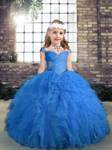 Inexpensive Sleeveless Floor Length Beading and Ruffles Lace Up Little Girl Pageant Dress with Blue