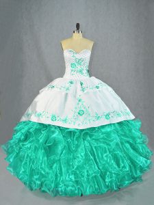 Perfect Turquoise Sweetheart Neckline Embroidery and Ruffles Quinceanera Gowns Sleeveless Lace Up