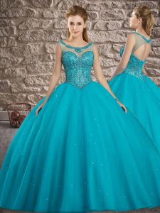 Sleeveless Floor Length Beading Lace Up 15th Birthday Dress with Teal