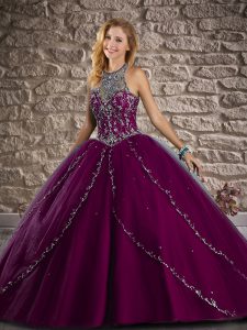 Pretty Halter Top Sleeveless Ball Gown Prom Dress Brush Train Beading Dark Purple Tulle