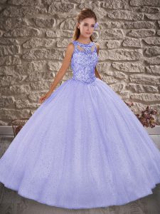 Exquisite Lavender Ball Gowns Beading Quince Ball Gowns Lace Up Sequined Sleeveless Floor Length