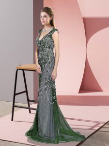Sleeveless Tulle Sweep Train Zipper Prom Party Dress in Green with Beading