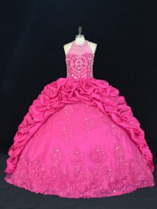 Hot Pink Sweet 16 Dresses Taffeta Sleeveless Beading and Appliques and Embroidery and Pick Ups