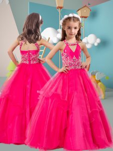 Simple Hot Pink Little Girls Pageant Gowns Wedding Party with Beading and Embroidery Halter Top Sleeveless Zipper