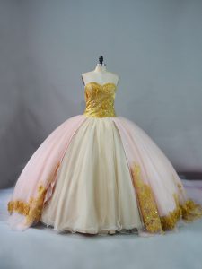 Gorgeous Sweetheart Sleeveless Brush Train Lace Up Beading and Lace and Appliques Ball Gown Prom Dress in Pink and Champ