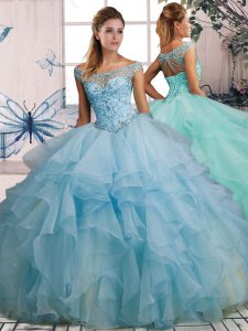 Amazing Sleeveless Floor Length Beading and Ruffles Lace Up Quinceanera Dresses with Light Blue
