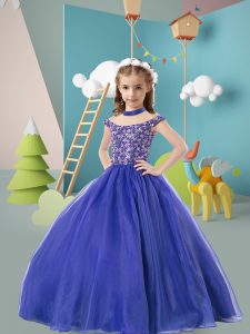 Blue Ball Gowns Beading Little Girl Pageant Gowns Zipper Tulle Cap Sleeves Floor Length