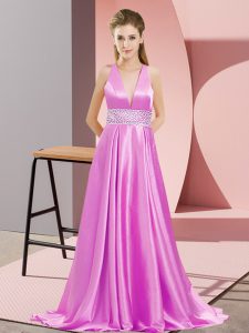 Adorable Sleeveless Elastic Woven Satin Brush Train Backless Prom Gown in Lilac with Beading