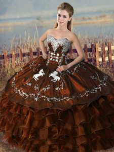 Sleeveless Satin and Organza Floor Length Lace Up Quinceanera Gown in Brown with Embroidery and Ruffles