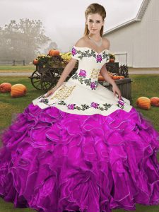 Modern White And Purple Organza Lace Up Sweet 16 Dresses Sleeveless Floor Length Embroidery and Ruffles