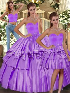 Low Price Lilac Sweetheart Neckline Ruffled Layers Quince Ball Gowns Sleeveless Backless